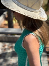 Load image into Gallery viewer, Jade knit maxi dress with white triangle detailing at all seems. Side slits and slight cap sleeve. Nude undergarments needed, slip suggested. Could be worn as a beach cover up as well.
Runs small, size up 1 size. Wearing size medium.
Good for bump, post bump or no bump!
Jade Knit Maxi Dress with White Triangle Detailing β Effortless Elegance & Versatility
Make a statement in this jade knit maxi dress, designed for a perfect blend of boho charm and modern sophistication. Featuring white triangle deta