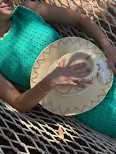 Load image into Gallery viewer, Jade knit maxi dress with white triangle detailing at all seems. Side slits and slight cap sleeve. Nude undergarments needed, slip suggested. Could be worn as a beach cover up as well.
Runs small, size up 1 size. Wearing size medium.
Good for bump, post bump or no bump!
Jade Knit Maxi Dress with White Triangle Detailing β Effortless Elegance & Versatility
Make a statement in this jade knit maxi dress, designed for a perfect blend of boho charm and modern sophistication. Featuring white triangle deta