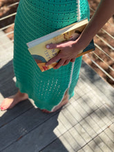 Load image into Gallery viewer, Jade knit maxi dress with white triangle detailing at all seems. Side slits and slight cap sleeve. Nude undergarments needed, slip suggested. Could be worn as a beach cover up as well.
Runs small, size up 1 size. Wearing size medium.
Good for bump, post bump or no bump!
Jade Knit Maxi Dress with White Triangle Detailing β Effortless Elegance & Versatility
Make a statement in this jade knit maxi dress, designed for a perfect blend of boho charm and modern sophistication. Featuring white triangle deta