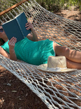 Load image into Gallery viewer, Jade knit maxi dress with white triangle detailing at all seems. Side slits and slight cap sleeve. Nude undergarments needed, slip suggested. Could be worn as a beach cover up as well.
Runs small, size up 1 size. Wearing size medium.
Good for bump, post bump or no bump!
Jade Knit Maxi Dress with White Triangle Detailing β Effortless Elegance & Versatility
Make a statement in this jade knit maxi dress, designed for a perfect blend of boho charm and modern sophistication. Featuring white triangle deta