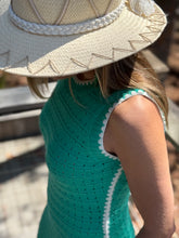 Load image into Gallery viewer, Jade knit maxi dress with white triangle detailing at all seems. Side slits and slight cap sleeve. Nude undergarments needed, slip suggested. Could be worn as a beach cover up as well.
Runs small, size up 1 size. Wearing size medium.
Good for bump, post bump or no bump!
Jade Knit Maxi Dress with White Triangle Detailing – Effortless Elegance & Versatility
Make a statement in this jade knit maxi dress, designed for a perfect blend of boho charm and modern sophistication. Featuring white triangle deta