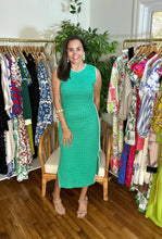 Load image into Gallery viewer, Jade knit maxi dress with white triangle detailing at all seems. Side slits and slight cap sleeve. Nude undergarments needed, slip suggested. Could be worn as a beach cover up as well.
Runs small, size up 1 size. Wearing size medium.
Good for bump, post bump or no bump!
Jade Knit Maxi Dress with White Triangle Detailing β Effortless Elegance & Versatility
Make a statement in this jade knit maxi dress, designed for a perfect blend of boho charm and modern sophistication. Featuring white triangle deta