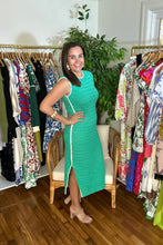 Load image into Gallery viewer, Jade knit maxi dress with white triangle detailing at all seems. Side slits and slight cap sleeve. Nude undergarments needed, slip suggested. Could be worn as a beach cover up as well.
Runs small, size up 1 size. Wearing size medium.
Good for bump, post bump or no bump!
Jade Knit Maxi Dress with White Triangle Detailing β Effortless Elegance & Versatility
Make a statement in this jade knit maxi dress, designed for a perfect blend of boho charm and modern sophistication. Featuring white triangle deta