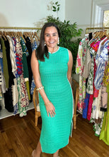 Load image into Gallery viewer, Jade knit maxi dress with white triangle detailing at all seems. Side slits and slight cap sleeve. Nude undergarments needed, slip suggested. Could be worn as a beach cover up as well.
Runs small, size up 1 size. Wearing size medium.
Good for bump, post bump or no bump!
Jade Knit Maxi Dress with White Triangle Detailing β Effortless Elegance & Versatility
Make a statement in this jade knit maxi dress, designed for a perfect blend of boho charm and modern sophistication. Featuring white triangle deta