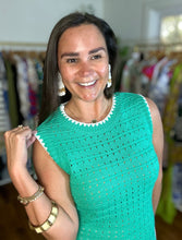 Load image into Gallery viewer, Jade knit maxi dress with white triangle detailing at all seems. Side slits and slight cap sleeve. Nude undergarments needed, slip suggested. Could be worn as a beach cover up as well.
Runs small, size up 1 size. Wearing size medium.
Good for bump, post bump or no bump!
Jade Knit Maxi Dress with White Triangle Detailing β Effortless Elegance & Versatility
Make a statement in this jade knit maxi dress, designed for a perfect blend of boho charm and modern sophistication. Featuring white triangle deta