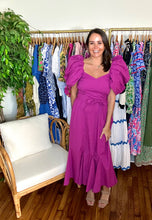 Load image into Gallery viewer, Malina midi dress - Cotton mermaid midid dress with dramatic puff sleeves for on the shoulder or off the shoulder. Sweetheart neckline, smocking on side bodice, empire waist and removable tie at waist. Back zipper closure.  Wearing size small, could have taken an x-small.