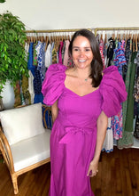 Load image into Gallery viewer, Malina midi dress - Cotton mermaid midid dress with dramatic puff sleeves for on the shoulder or off the shoulder. Sweetheart neckline, smocking on side bodice, empire waist and removable tie at waist. Back zipper closure.  Wearing size small, could have taken an x-small.