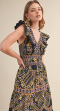 Load image into Gallery viewer, Navy Printed Ruffle Midi Dress