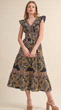 Load image into Gallery viewer, Navy Printed Ruffle Midi Dress