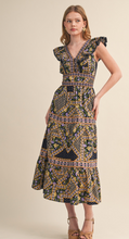 Load image into Gallery viewer, Navy Printed Ruffle Midi Dress