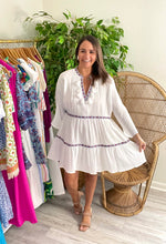 Load image into Gallery viewer, Off white mini dress with embroidered detailing and tassel edging. Drop shoulder detailing and drop hemline. Gauze cotton blend. Slip needed as dress, can be worn as cover up. Fits roomy but true to size, wearing size small. Good for bump, post bump or no bump! Great length for moms. Model's True to Size