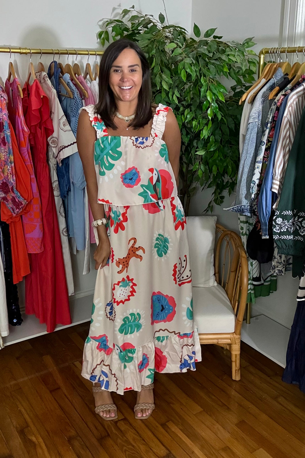 Colorful Tropical Tiger Printed Midi Dress