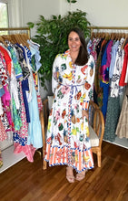 Load image into Gallery viewer, &lt;p&gt;Citrus and seafood printed shirt dress. Maxi with drop waisted pleated skirt, removable tie at waist and contrasting hemlines. Poly silk blend.&lt;/p&gt; &lt;p&gt;true to size, wearing size small!&lt;/p&gt;&lt;p&gt;Citrus and seafood printed shirt dress. Maxi with drop waisted pleated skirt, removable tie at waist and contrasting hemlines. Poly silk blend.&lt;/p&gt; &lt;p&gt;true to size, wearing size small!&lt;/p&gt;
