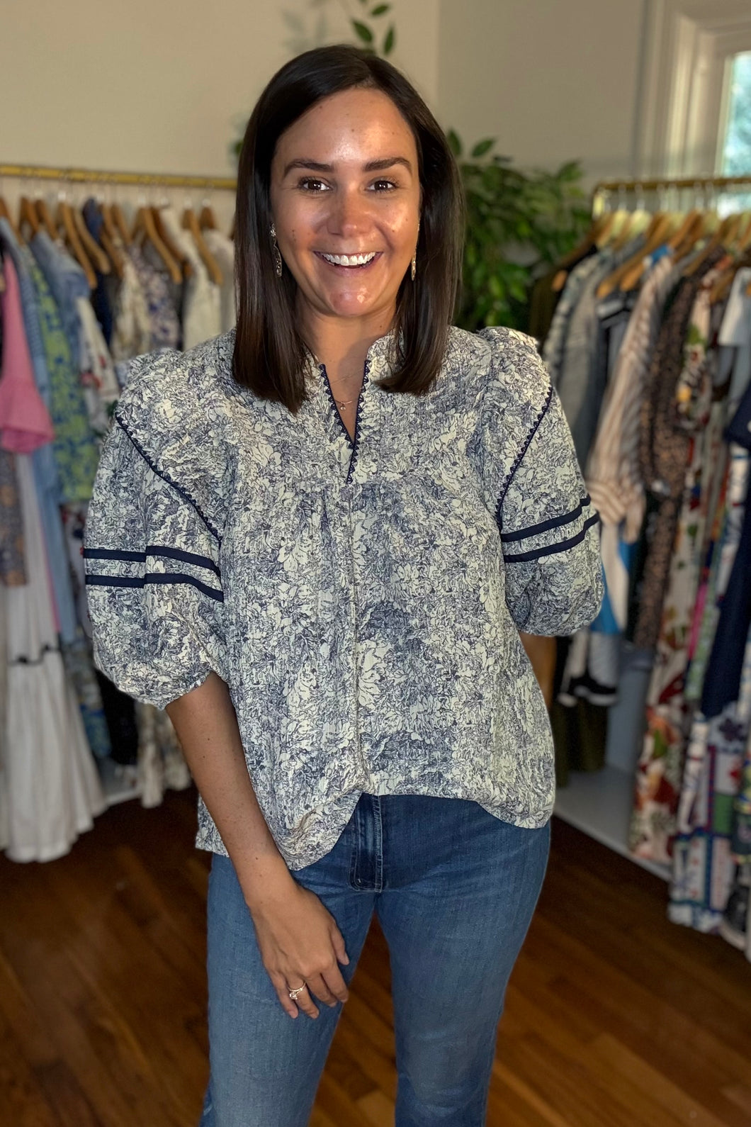 Navy Printed Woven Blouse
