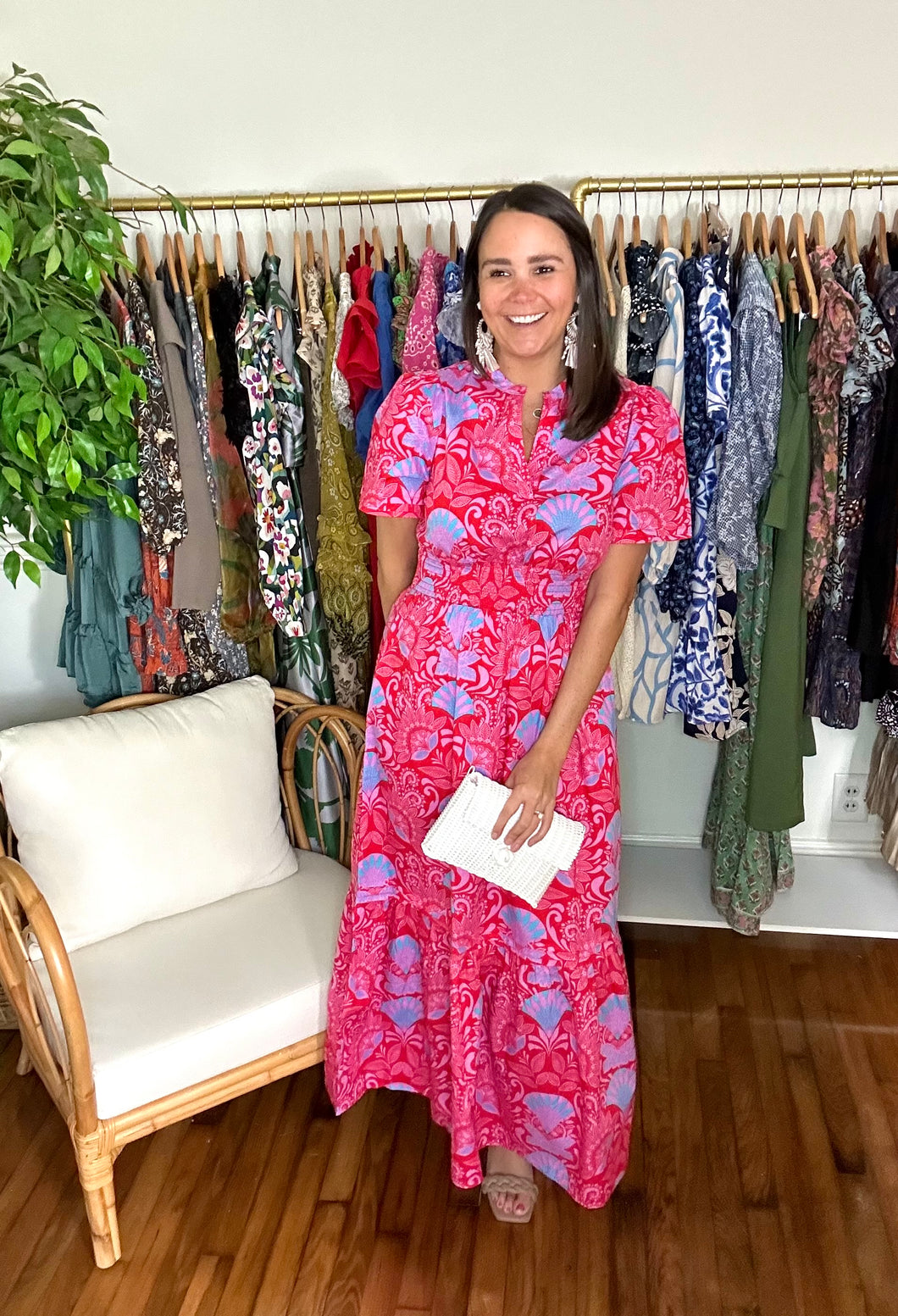 Radiant floral Belraj maxi dress. Coral and light blue tropical printed maxi dress with fly away sleeves, split neckline, smocked empire waistline and tiered skirt with pockets. Cotton poplin.  True to size, wearing size x-small.  Good for bump, post bump or no bump!