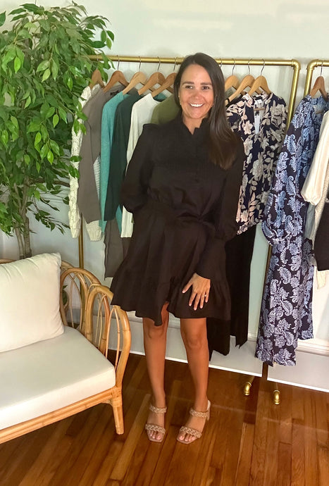 Beacher pintuck shift shirt dress. Pintuck yoke with button high neck collar. Balloon sleeves to English sleeves with buttons. Relabel tie at waist. Skirt with pockets with drop ruffle hemline. Cotton poplin.  True to size, wearing size x-small.