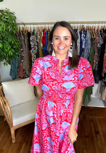 Load image into Gallery viewer, Radiant floral Belraj maxi dress. Coral and light blue tropical printed maxi dress with fly away sleeves, split neckline, smocked empire waistline and tiered skirt with pockets. Cotton poplin.  True to size, wearing size x-small.  Good for bump, post bump or no bump!
