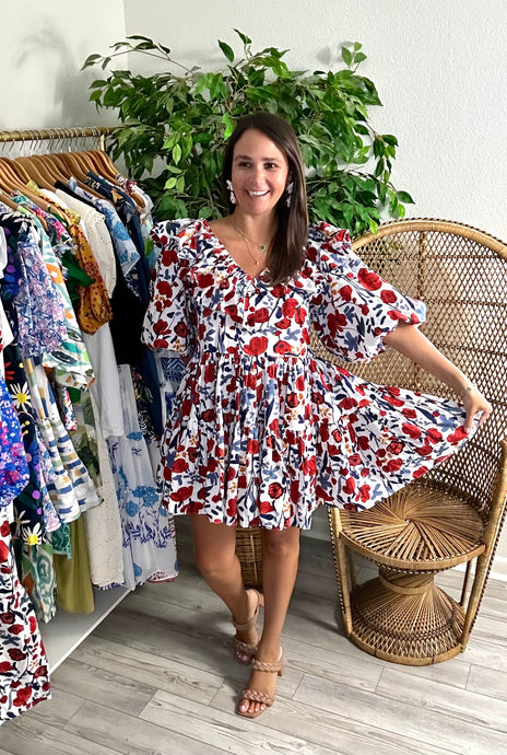 Red floral printed mini dress with puff balloon sleeves, dramatic ruffle neckline and bubble skirt with pockets. Cotton with size invisible zipper closure.  True to size, wearing size small.