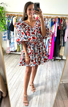 Load image into Gallery viewer, Red floral printed mini dress with puff balloon sleeves, dramatic ruffle neckline and bubble skirt with pockets. Cotton with size invisible zipper closure.  True to size, wearing size small.
