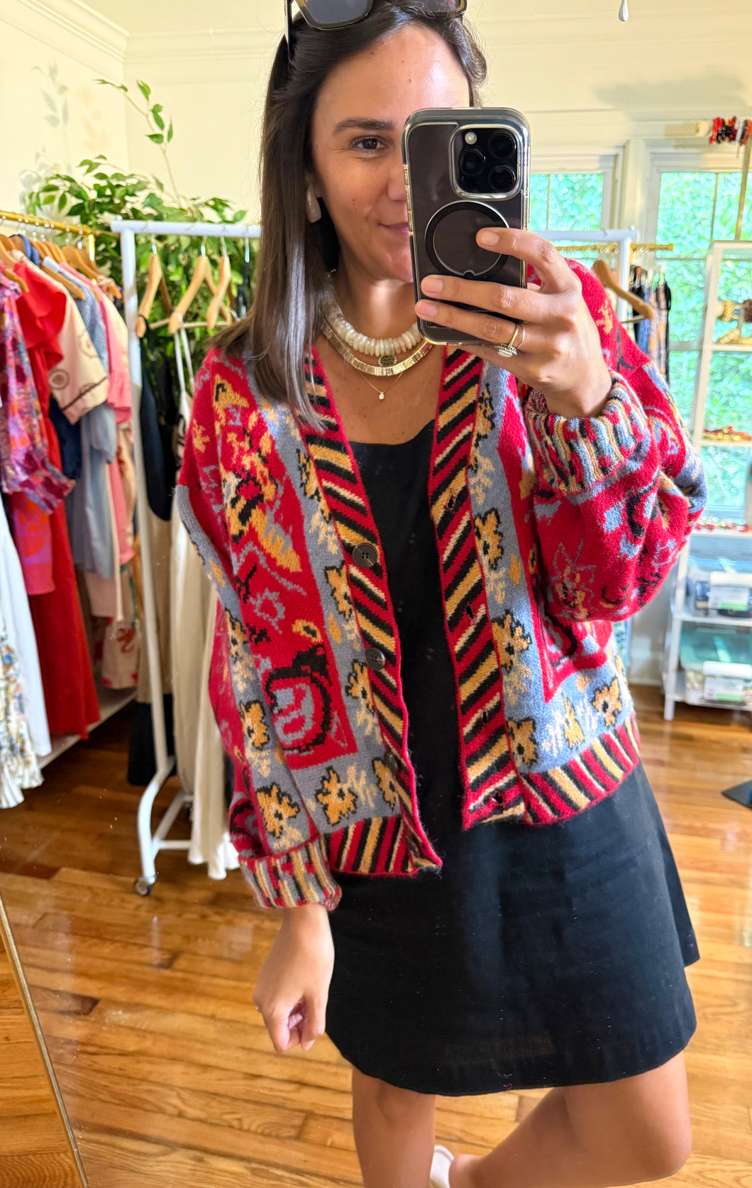 Aztec Red Printed Cardigan Sweater