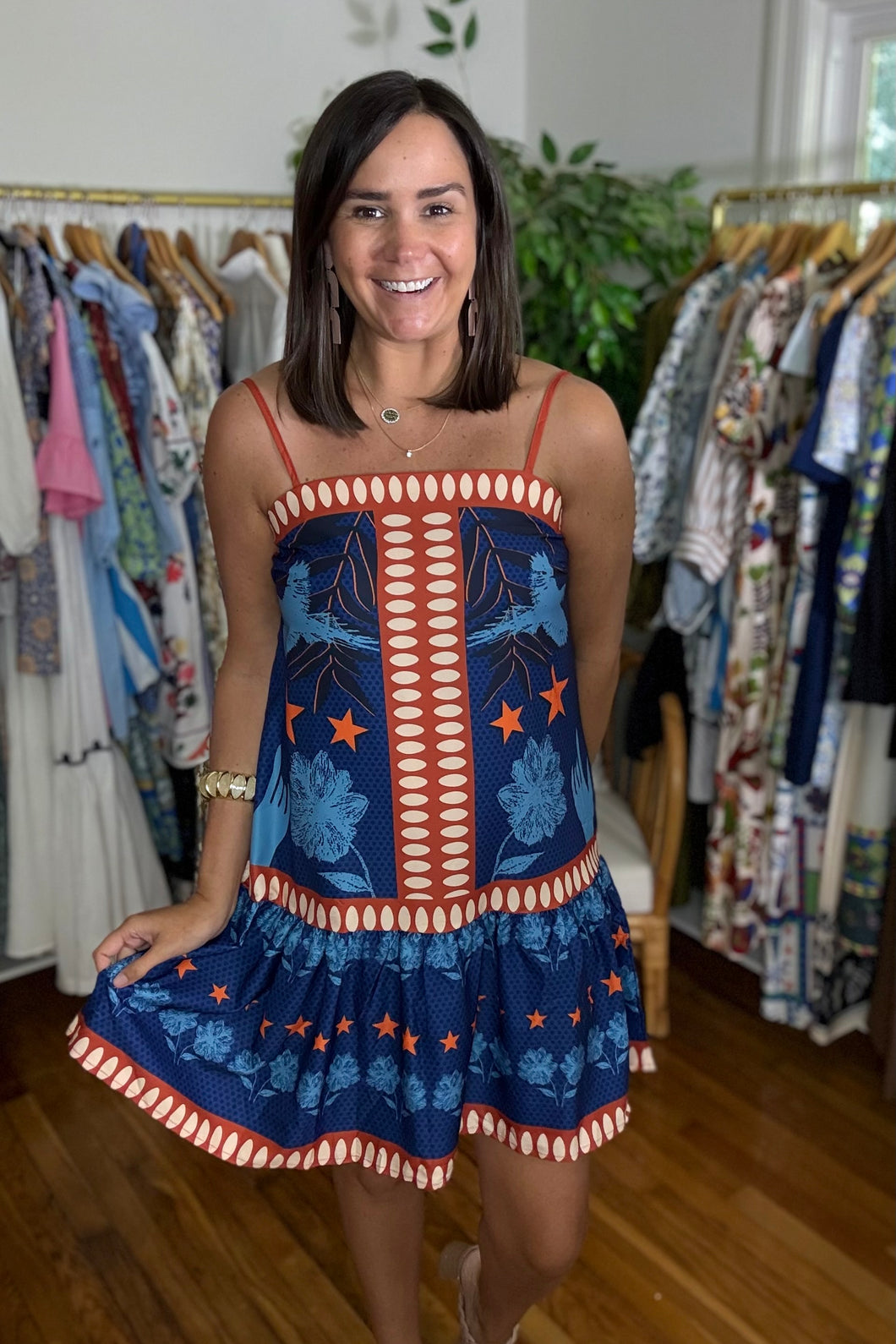 Bird Block Pattern Mini Dress