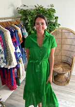 Load image into Gallery viewer, Emerald green eyelet midi dress. Font functional buttons down the front, collar, cap sleeves and removable tie at waist. Light weight cotton and double lined.  True to size, wearing size small.
