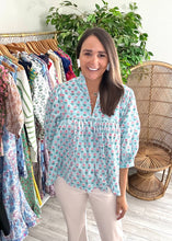 Load image into Gallery viewer, Azalea block print pleated blouse, balloon sleeves, ruffle detailing at neck and pleated bodice and sleeves. Light weight cotton.  One size fits most.  Suggested sizing: 0-6 or XS-M, if smaller chested, L would work as well.  Good for bump, post bump or no bump!

