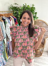 Load image into Gallery viewer, Dakota block print pin tuck blouse, double flutter sleeves, ruffle detailing at neck and pleated bodice. Back button closure. Light weight cotton.  One size fits most.  Suggested sizing: 0-6 or XS-M, if smaller chested, L would work as well.  Good for bump, post bump or no bump!
