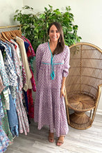 Load image into Gallery viewer, Dahlia print caftan. Double front tassel tie closure with modest v-neck. Pleated tiered skirt. hand block print, making each dress unique. Light weight cotton.  One size fits most, suggested 00-10, XS-L
