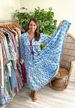 Load image into Gallery viewer, Iris print caftan. Double front tassel tie closure with modest v-neck. Pleated tiered skirt. hand block print, making each dress unique. Light weight cotton.  One size fits most, suggested 00-10, XS-L
