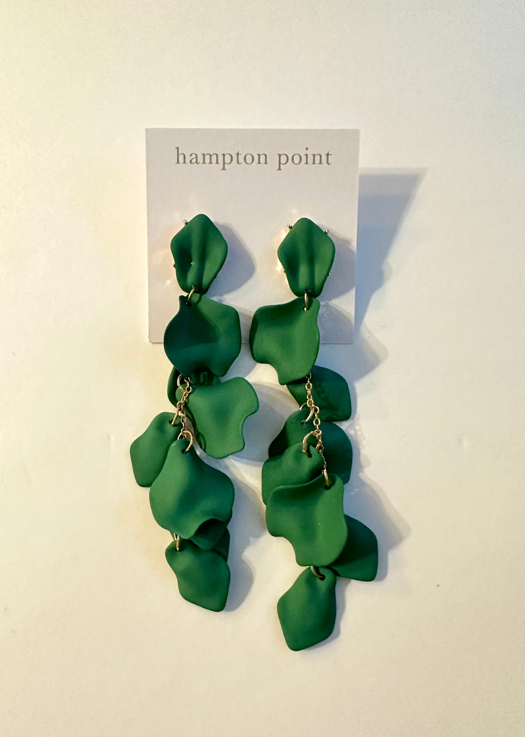 Green petal fringe earrings. Light weight.  About 4