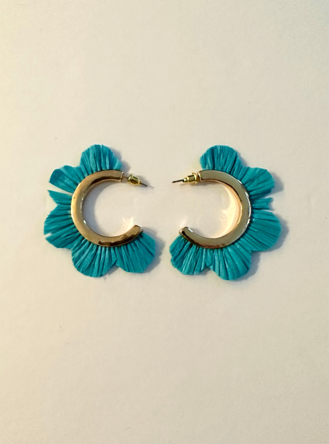 Turquoise Raffia Flower Hoops. Light weight. About 1.5