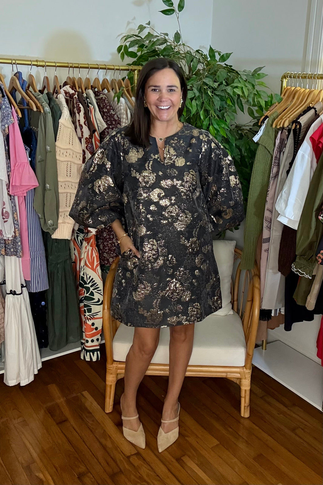 Jacquard Puff Sleeve Mini Dress