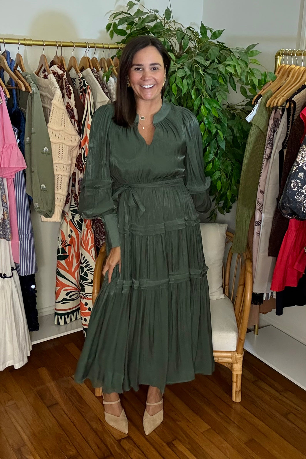 Metallic Forest Green Maxi Dress
