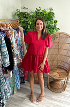 Load image into Gallery viewer, Rock a By Trapeze mini dress in cherry. Flutter sleeves with modest v-neck. Gathered high low skirt with pockets. Light weight cotton poplin.  True to size, wearing size x-small.
