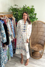 Load image into Gallery viewer, Embroidered printed ankle caftan. Fringe detailing at yoke, functional buttons down the frontside, side and front slits. Linen poly blend.  True to size, wearing size small.  Good for bump, post bump or no bump!
