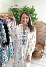 Load image into Gallery viewer, Embroidered printed ankle caftan. Fringe detailing at yoke, functional buttons down the frontside, side and front slits. Linen poly blend.  True to size, wearing size small.  Good for bump, post bump or no bump!
