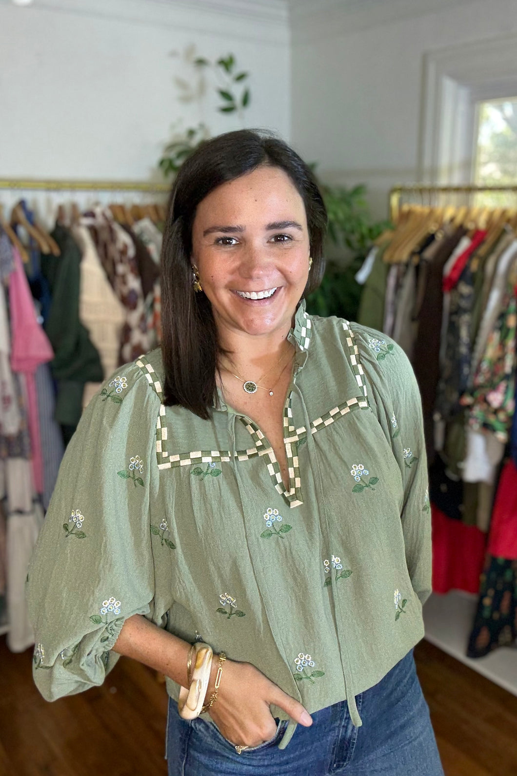 Embroidered Olive Blouse