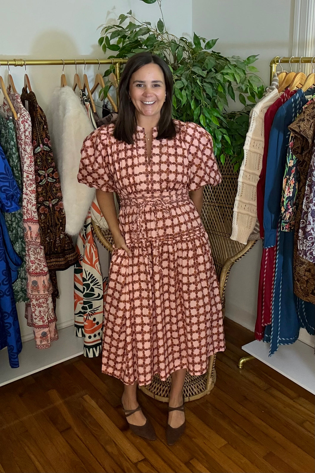 Printed Puff Sleeve Midi