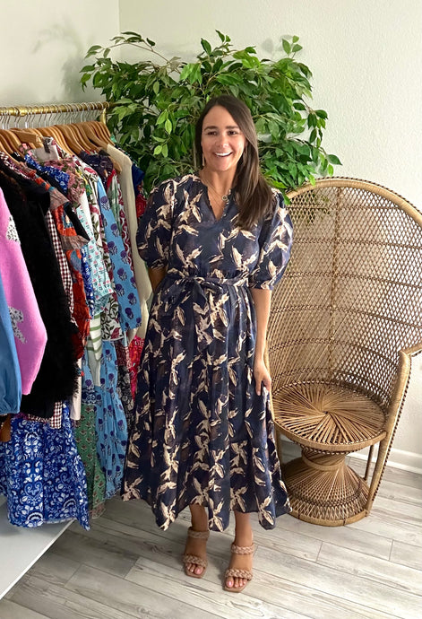 Dana dress in midnight print. Modest v-neck, puff sleeves and tiered skirt. Removable tie at waist. Light weight cotton, perfect for fall in the south. Slip suggested.  True to size, wearing size x-small.  Good for bump, post bump or no bump!