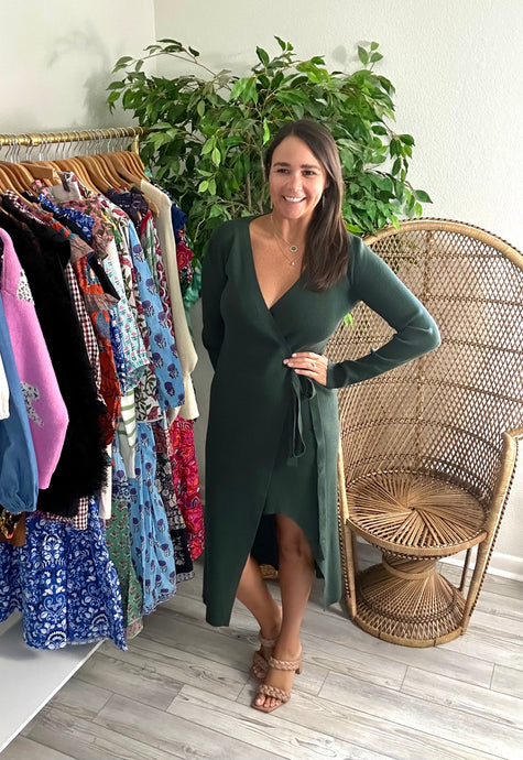 Hunter green sweater dress. True wrap with left high knee. Light weight knit cotton blend..  True to size, wearing size small.