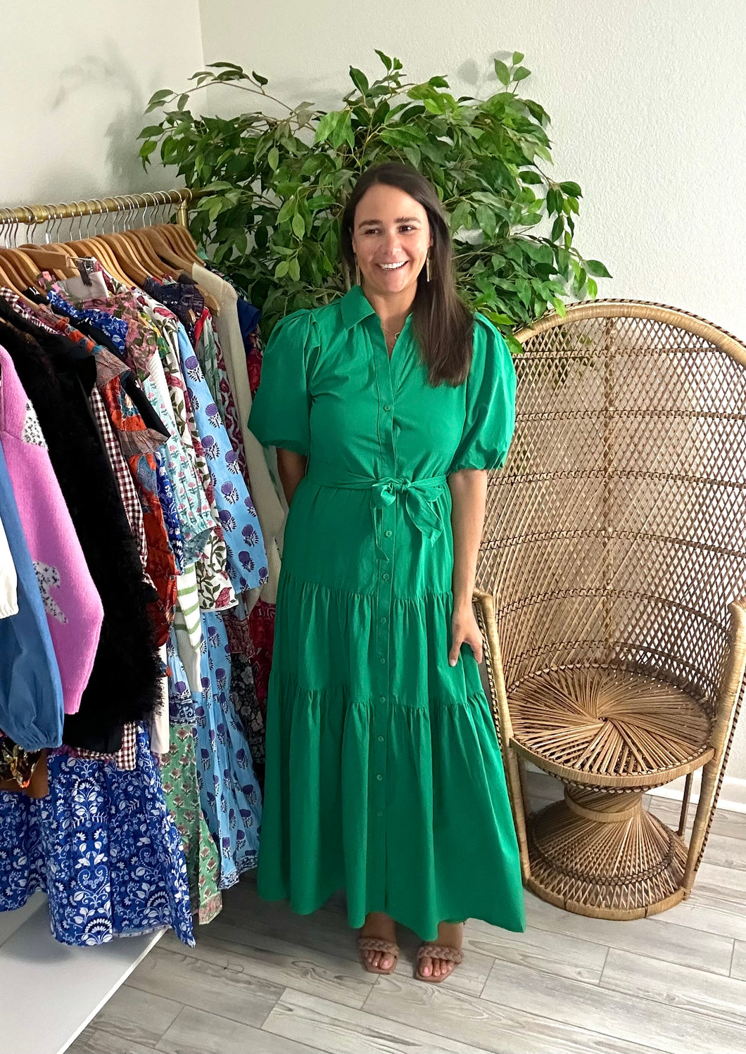Emerald green shirt dress. Collar, puff sleeves and tiered midi skirt with removable tie at waist. Cotton poplin.  True to size, wearing size small.