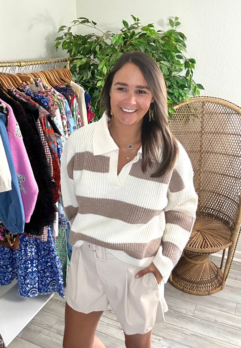 Taupe and white striped sweater with drop shoulder and wide set collar. Fits roomy. Thick knit cotton blend.  True to size, wearing size small.