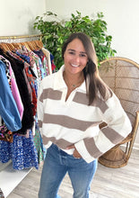 Load image into Gallery viewer, Taupe and white striped sweater with drop shoulder and wide set collar. Fits roomy. Thick knit cotton blend.  True to size, wearing size small.
