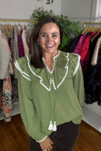 Load image into Gallery viewer, Olive Crocheted Trim Blouse
