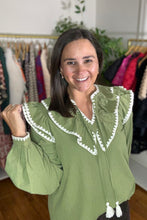 Load image into Gallery viewer, Olive Crocheted Trim Blouse
