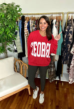 Load image into Gallery viewer, Georgia bright red sweatshirt. Oversized, ribbed and banded at bottom.  True to to size, fits roomy, wearing size small.
