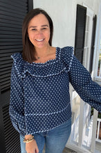 Load image into Gallery viewer, Navy Ruffle Trim Blouse
