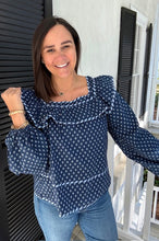 Load image into Gallery viewer, Navy Ruffle Trim Blouse
