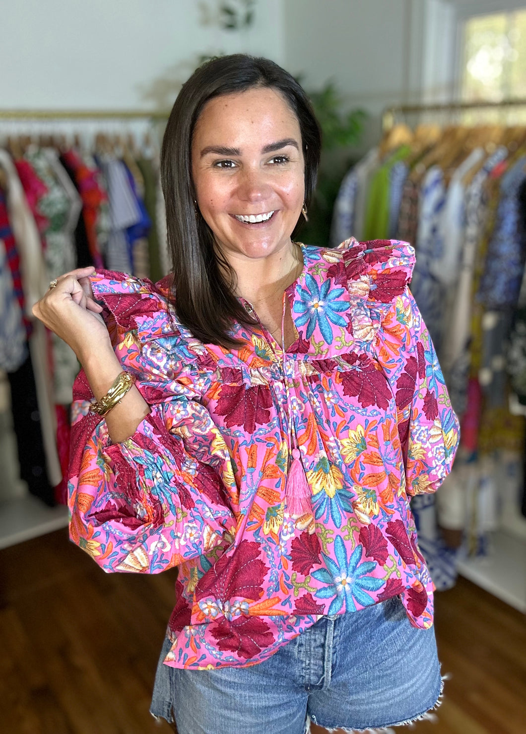 Pink Floral Ruffle Blouse